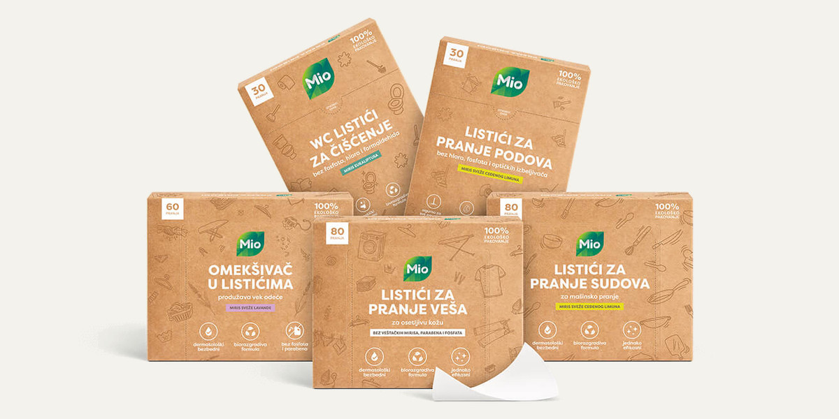 Five Mio Listići household product boxes